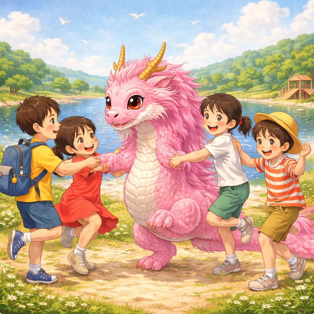 川辺で巨大なピンクのドラゴンと手をつないで遊ぶ子供たち