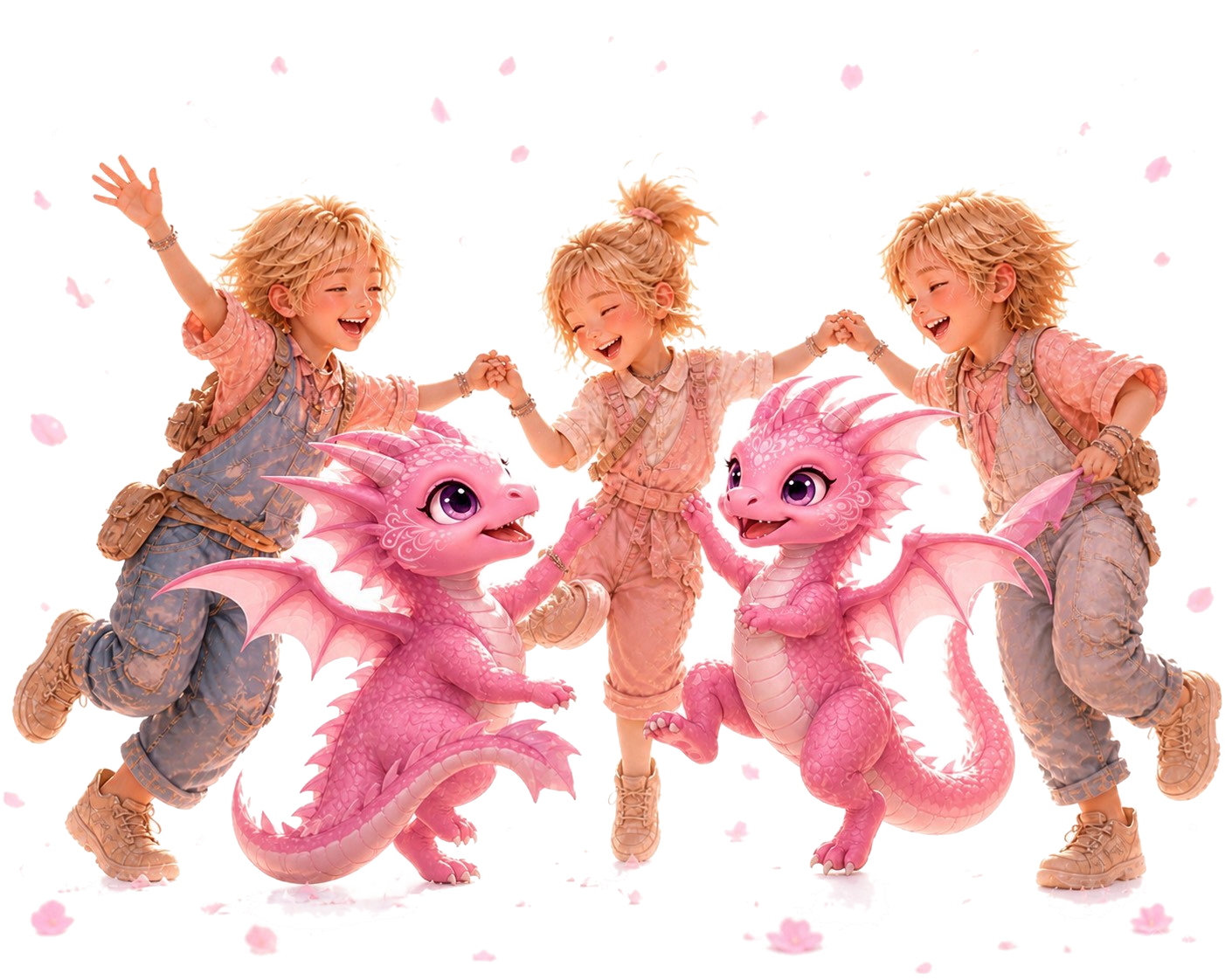 ピンクのドラゴンの赤ちゃんと笑顔で踊る子供たち